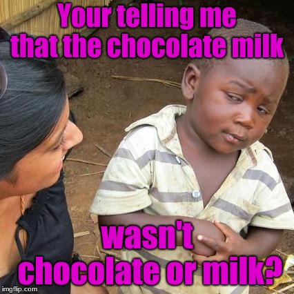Third World Skeptical Kid Meme | Your telling me that the chocolate milk; wasn't chocolate or milk? | image tagged in memes,third world skeptical kid | made w/ Imgflip meme maker