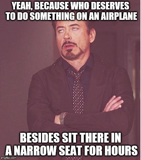 Face You Make Robert Downey Jr Meme | YEAH, BECAUSE WHO DESERVES TO DO SOMETHING ON AN AIRPLANE BESIDES SIT THERE IN A NARROW SEAT FOR HOURS | image tagged in memes,face you make robert downey jr | made w/ Imgflip meme maker
