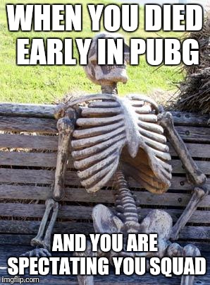 Waiting Skeleton | WHEN YOU DIED EARLY IN PUBG; AND YOU ARE SPECTATING YOU SQUAD | image tagged in memes,waiting skeleton | made w/ Imgflip meme maker