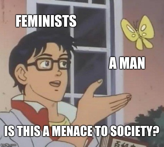 Feminist logic | FEMINISTS; A MAN; IS THIS A MENACE TO SOCIETY? | image tagged in memes,is this a pigeon,feminists | made w/ Imgflip meme maker
