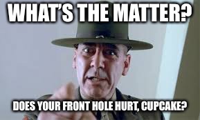 Calling you a front hole is an insult to front holes | WHAT’S THE MATTER? DOES YOUR FRONT HOLE HURT, CUPCAKE? | image tagged in front hole drill sergeant | made w/ Imgflip meme maker