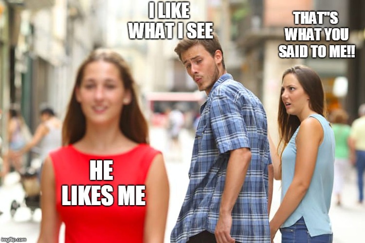 Distracted Boyfriend Meme | I LIKE WHAT I SEE; THAT"S WHAT YOU SAID TO ME!! HE LIKES ME | image tagged in memes,distracted boyfriend | made w/ Imgflip meme maker