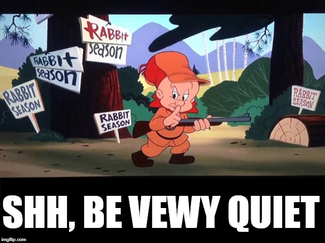 Be Careful, Bugs! Hunting Season in the Cartoon World is open | SHH, BE VEWY QUIET | image tagged in vince vance,elmer fudd,bugs bunny,warner bros,cartoons,mel blanc | made w/ Imgflip meme maker