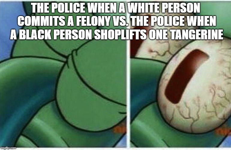 Squidward | THE POLICE WHEN A WHITE PERSON COMMITS A FELONY VS. THE POLICE WHEN A BLACK PERSON SHOPLIFTS ONE TANGERINE | image tagged in squidward,memes,police,white supremacy,tangerine,thisimagehasalotoftags | made w/ Imgflip meme maker