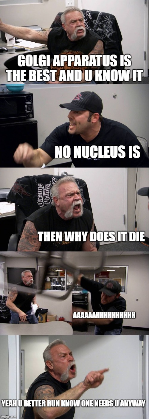 American Chopper Argument Meme | GOLGI APPARATUS IS THE BEST AND U KNOW IT; NO NUCLEUS IS; THEN WHY DOES IT DIE; AAAAAAHHHHHHHHHH; YEAH U BETTER RUN KNOW ONE NEEDS U ANYWAY | image tagged in memes,american chopper argument,scumbag | made w/ Imgflip meme maker