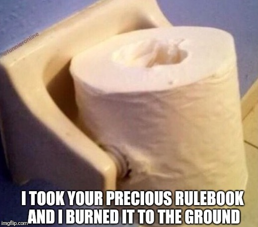 Take that! | I TOOK YOUR PRECIOUS RULEBOOK AND I BURNED IT TO THE GROUND | image tagged in rules,toilet paper,hehehe,memes,ilikepie314159265358979 | made w/ Imgflip meme maker