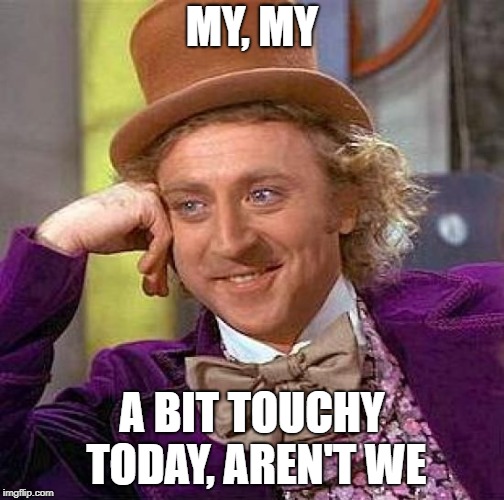 Creepy Condescending Wonka Meme | MY, MY A BIT TOUCHY TODAY, AREN'T WE | image tagged in memes,creepy condescending wonka | made w/ Imgflip meme maker