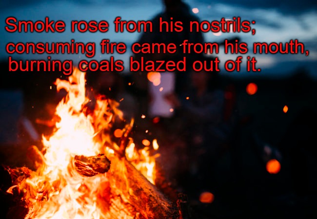 Psalms 18:8 Smoke Rose From His Nostrils And Fire Came From His Mouth | Smoke rose from his nostrils;; consuming fire came from his mouth, burning coals blazed out of it. | image tagged in bible,holy bible,faith,holy spirit,bible verse,god | made w/ Imgflip meme maker