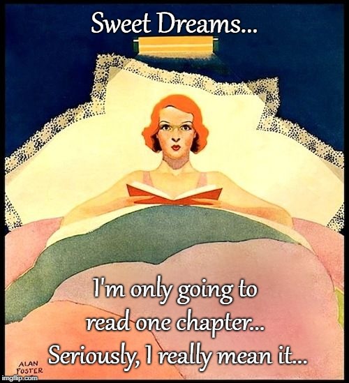 Sweet dreams... | Sweet Dreams... I'm only going to read one chapter...  Seriously, I really mean it... | image tagged in read,one chapter,seriously,i mean it | made w/ Imgflip meme maker