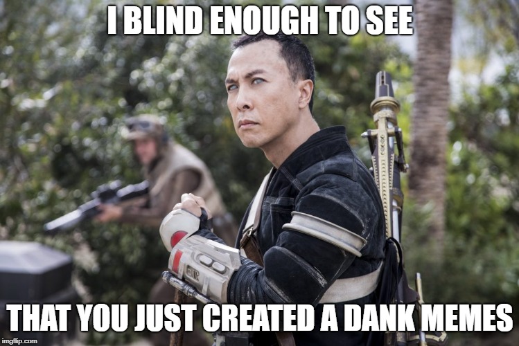 I don´t blame you... I do the same ;) | I BLIND ENOUGH TO SEE; THAT YOU JUST CREATED A DANK MEMES | image tagged in star wars rogue one chirrut mwe donny yen | made w/ Imgflip meme maker