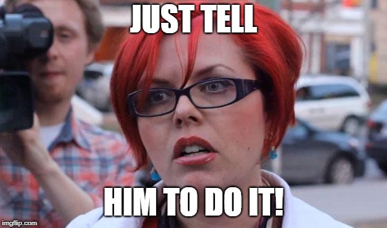 Angry Feminist | JUST TELL HIM TO DO IT! | image tagged in angry feminist | made w/ Imgflip meme maker