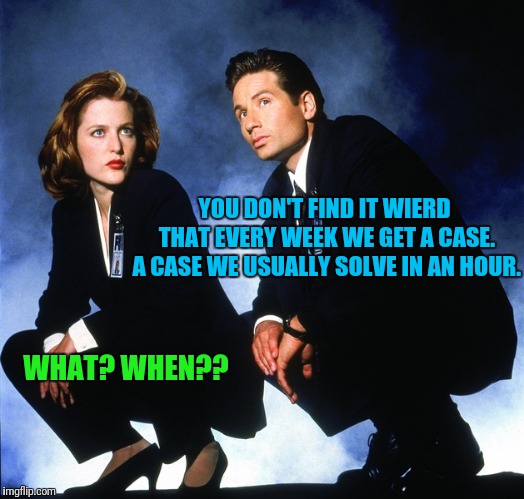 http://retrovery.com/images/x-files-la-verite-est-ailleurs/176/b | YOU DON'T FIND IT WIERD THAT EVERY WEEK WE GET A CASE. A CASE WE USUALLY SOLVE IN AN HOUR. WHAT? WHEN?? | image tagged in http//retroverycom/images/x-files-la-verite-est-ailleurs/176/b | made w/ Imgflip meme maker