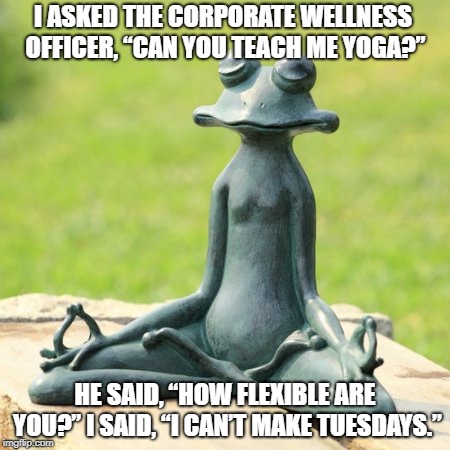 Flexibility | I ASKED THE CORPORATE WELLNESS OFFICER, “CAN YOU TEACH ME YOGA?”; HE SAID, “HOW FLEXIBLE ARE YOU?” I SAID, “I CAN’T MAKE TUESDAYS.” | image tagged in yoga frog | made w/ Imgflip meme maker