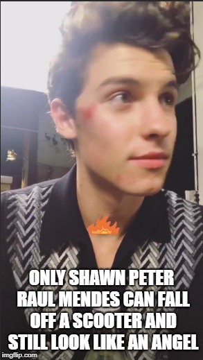 ONLY SHAWN PETER RAUL MENDES CAN FALL OFF A SCOOTER AND STILL LOOK LIKE AN ANGEL | image tagged in celebrity,shawn mendes | made w/ Imgflip meme maker