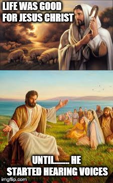 jesus christ | LIFE WAS GOOD FOR JESUS CHRIST; UNTIL........ HE STARTED HEARING VOICES | image tagged in jesus christ | made w/ Imgflip meme maker