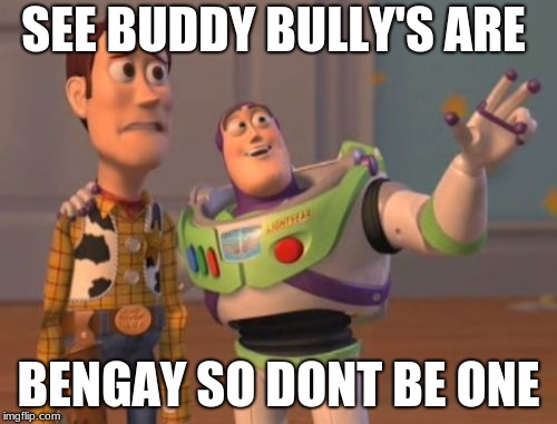 X, X Everywhere Meme | SEE BUDDY BULLY'S ARE; BENGAY SO DONT BE ONE | image tagged in memes,x x everywhere | made w/ Imgflip meme maker