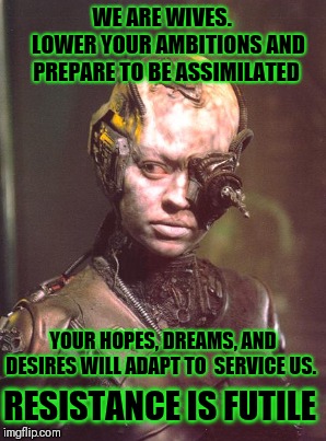 Marriage Assimilation  | WE ARE WIVES.

 LOWER YOUR AMBITIONS AND PREPARE TO BE ASSIMILATED; YOUR HOPES, DREAMS, AND DESIRES WILL ADAPT TO 
SERVICE US. RESISTANCE IS FUTILE | image tagged in marriage,borg,wife,wedding,single,future | made w/ Imgflip meme maker