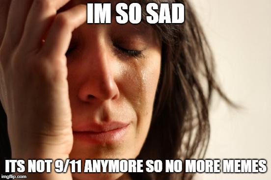 First World Problems Meme | IM SO SAD; ITS NOT 9/11 ANYMORE SO NO MORE MEMES | image tagged in memes,first world problems | made w/ Imgflip meme maker