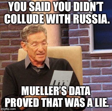 Maury Lie Detector | YOU SAID YOU DIDN’T COLLUDE WITH RUSSIA. MUELLER’S DATA PROVED THAT WAS A LIE. | image tagged in memes,maury lie detector | made w/ Imgflip meme maker