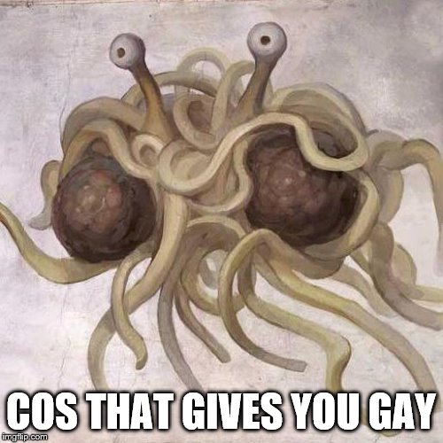 Flying Spaghetti Monster  | COS THAT GIVES YOU GAY | image tagged in flying spaghetti monster | made w/ Imgflip meme maker