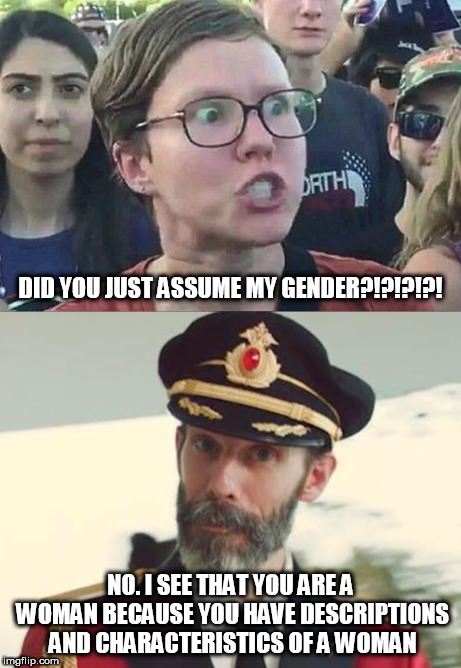 You are what you are born as. That is a fact. | DID YOU JUST ASSUME MY GENDER?!?!?!?! NO. I SEE THAT YOU ARE A WOMAN BECAUSE YOU HAVE DESCRIPTIONS AND CHARACTERISTICS OF A WOMAN | image tagged in memes,triggered liberal,captain obvious | made w/ Imgflip meme maker