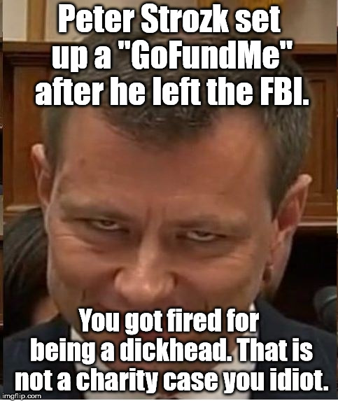 So many misuses of GoFundMe. | Peter Strozk set up a "GoFundMe" after he left the FBI. You got fired for being a dickhead. That is not a charity case you idiot. | image tagged in memes,strozk | made w/ Imgflip meme maker