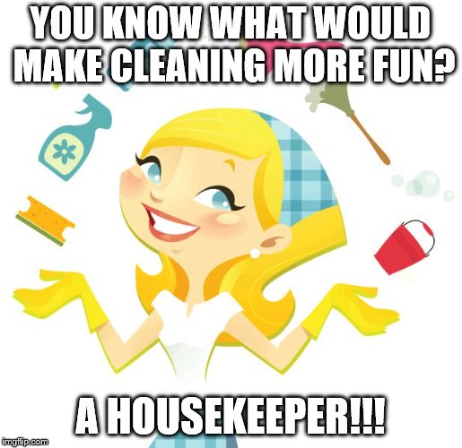 Cleaning  | YOU KNOW WHAT WOULD MAKE CLEANING MORE FUN? A HOUSEKEEPER!!! | image tagged in cleaning | made w/ Imgflip meme maker