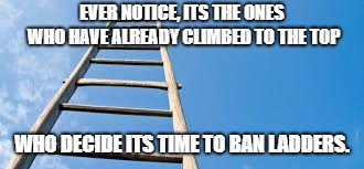 the ladder | EVER NOTICE, ITS THE ONES WHO HAVE ALREADY CLIMBED TO THE TOP; WHO DECIDE ITS TIME TO BAN LADDERS. | image tagged in social commentary | made w/ Imgflip meme maker