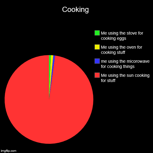 Cooking | Me using the sun cooking for stuff, me using the micorowave for cooking things, Me using the oven for cooking stuff, Me using the  | image tagged in funny,pie charts | made w/ Imgflip chart maker