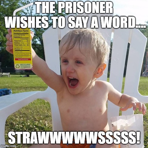 Straws | THE PRISONER WISHES TO SAY A WORD.... STRAWWWWWSSSSS! | image tagged in juice box kid,plastic straws | made w/ Imgflip meme maker