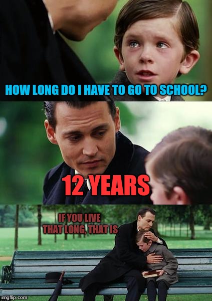good luck | HOW LONG DO I HAVE TO GO TO SCHOOL? 12 YEARS; IF YOU LIVE THAT LONG, THAT IS | image tagged in memes,finding neverland,school,time,teacher,funny | made w/ Imgflip meme maker