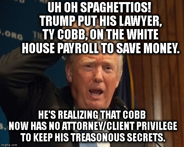 Uh Oh SpaghettiOs! | UH OH SPAGHETTIOS! TRUMP PUT HIS LAWYER, TY COBB, ON THE WHITE HOUSE PAYROLL TO SAVE MONEY. HE'S REALIZING THAT COBB NOW HAS NO ATTORNEY/CLIENT PRIVILEGE TO KEEP HIS TREASONOUS SECRETS. | image tagged in donald trump,treason,traitor,lawyer,attorney,genius | made w/ Imgflip meme maker