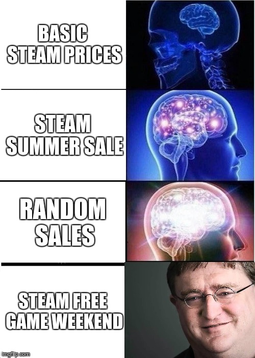 This is Truly God-Like | BASIC STEAM PRICES; STEAM SUMMER SALE; RANDOM SALES; STEAM FREE GAME WEEKEND | image tagged in memes,expanding brain,gabe newell,steam,sales,valve | made w/ Imgflip meme maker