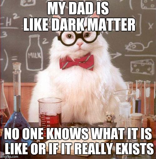 im sorry if you are offended by this | MY DAD IS LIKE DARK MATTER; NO ONE KNOWS WHAT IT IS LIKE OR IF IT REALLY EXISTS | image tagged in science cat | made w/ Imgflip meme maker