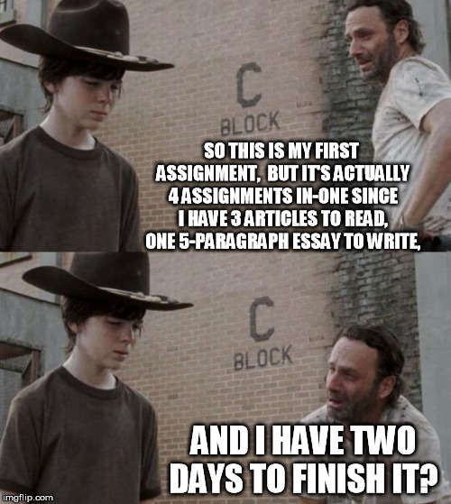 Rick and Carl Meme | SO THIS IS MY FIRST ASSIGNMENT,  BUT IT'S ACTUALLY 4 ASSIGNMENTS IN-ONE SINCE I HAVE 3 ARTICLES TO READ, ONE 5-PARAGRAPH ESSAY TO WRITE, AND I HAVE TWO DAYS TO FINISH IT? | image tagged in memes,rick and carl | made w/ Imgflip meme maker