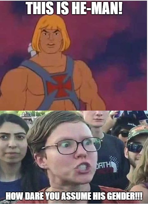 He-Man | THIS IS HE-MAN! HOW DARE YOU ASSUME HIS GENDER!!! | image tagged in he-man | made w/ Imgflip meme maker