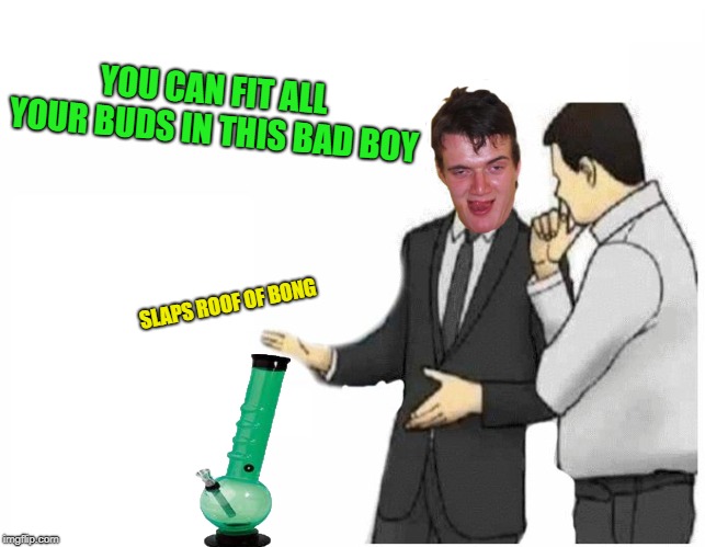 10 Guy Salesman |  YOU CAN FIT ALL YOUR BUDS IN THIS BAD BOY; SLAPS ROOF OF BONG | image tagged in car salesman slaps hood of car,funny memes,10 guy,weed | made w/ Imgflip meme maker