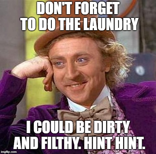 Creepy Condescending Wonka Meme | DON'T FORGET TO DO THE LAUNDRY I COULD BE DIRTY AND FILTHY. HINT HINT. | image tagged in memes,creepy condescending wonka | made w/ Imgflip meme maker