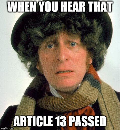 Doctor Who worried | WHEN YOU HEAR THAT; ARTICLE 13 PASSED | image tagged in doctor who worried | made w/ Imgflip meme maker