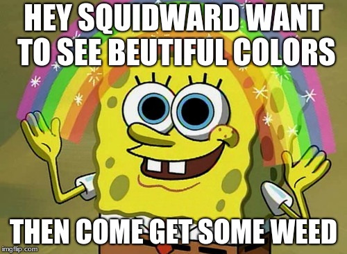 Imagination Spongebob Meme | HEY SQUIDWARD WANT TO SEE BEUTIFUL COLORS; THEN COME GET SOME WEED | image tagged in memes,imagination spongebob | made w/ Imgflip meme maker