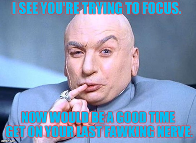 Dr Evil Austin Powers | I SEE YOU'RE TRYING TO FOCUS. NOW WOULD BE A GOOD TIME GET ON YOUR LAST FAWKING NERVE. | image tagged in dr evil austin powers | made w/ Imgflip meme maker