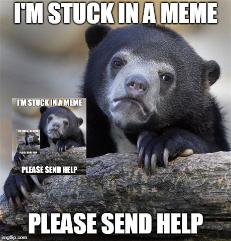 Confession Bear | I'M STUCK IN A MEME; PLEASE SEND HELP | image tagged in memes,confession bear,anonymous,fake out,fake out week,fourth wall | made w/ Imgflip meme maker