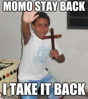 Scared Kid | MOMO STAY BACK I TAKE IT BACK | image tagged in scared kid | made w/ Imgflip meme maker