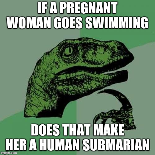 Philosoraptor Meme | IF A PREGNANT WOMAN GOES SWIMMING; DOES THAT MAKE HER A HUMAN SUBMARINE | image tagged in memes,philosoraptor | made w/ Imgflip meme maker