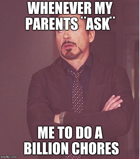 Face You Make Robert Downey Jr | WHENEVER MY PARENTS ¨ASK¨; ME TO DO A BILLION CHORES | image tagged in memes,face you make robert downey jr | made w/ Imgflip meme maker