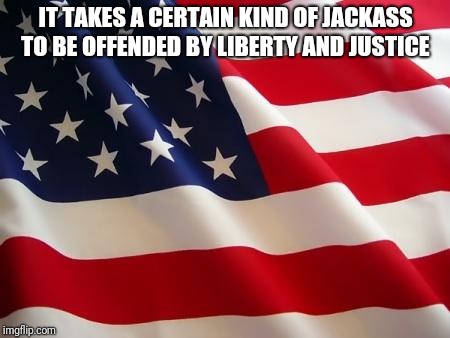 American flag | IT TAKES A CERTAIN KIND OF JACKASS TO BE OFFENDED BY LIBERTY AND JUSTICE | image tagged in american flag | made w/ Imgflip meme maker