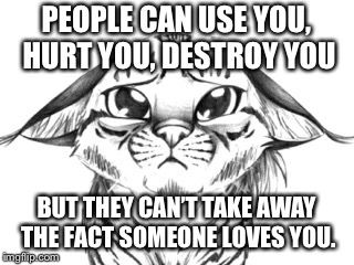 No matter what | PEOPLE CAN USE YOU, HURT YOU, DESTROY YOU; BUT THEY CAN’T TAKE AWAY THE FACT SOMEONE LOVES YOU. | image tagged in sad,cats | made w/ Imgflip meme maker