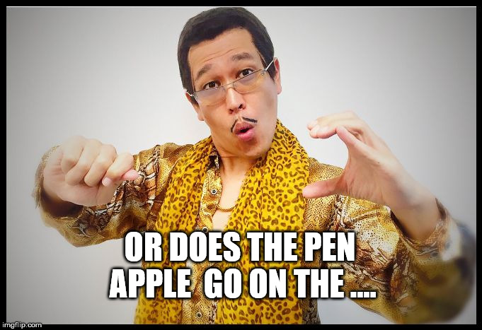 Pineapple Pen Apple Pen | OR DOES THE PEN APPLE  GO ON THE .... | image tagged in pineapple pen apple pen | made w/ Imgflip meme maker