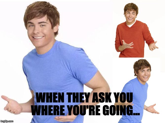 Zac Efron | WHEN THEY ASK YOU WHERE YOU'RE GOING... | image tagged in zac efron | made w/ Imgflip meme maker