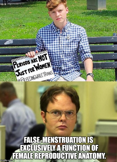 Menstruation is exclusively a function of female reproductive anatomy | FALSE. MENSTRUATION IS EXCLUSIVELY A FUNCTION OF FEMALE REPRODUCTIVE ANATOMY. | image tagged in sjw,transgender,bleeding,dwight schrute,gender | made w/ Imgflip meme maker